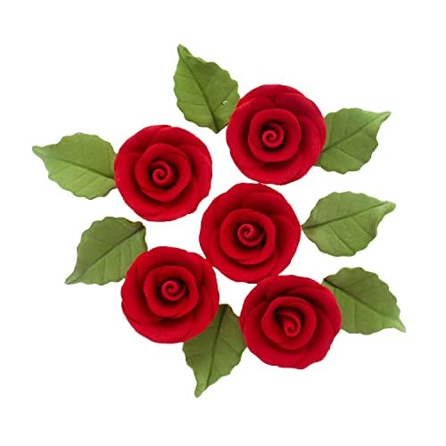 Global Sugar Art Premium Wedding Rose Edible Sugar Cake & Cupcake Flowers, Unwired Red, 12 Count with Leaves by Chef Alan Tetreault