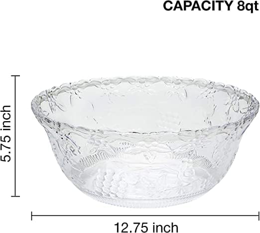 S.G Premium Quality Plastic Punch Bowl - 2 Gallon Clear Plastic Punch Bowl - Embroidered Design 8 Quart Serving Bowl. (Punch Bowl Only)