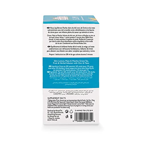 Ahmad Tea Green Tea, Lemon, Mate, & Matcha 'Slim' Natural Benefits Teabags, 20 ct (Pack of 1) - Caffeinated & Sugar-Free