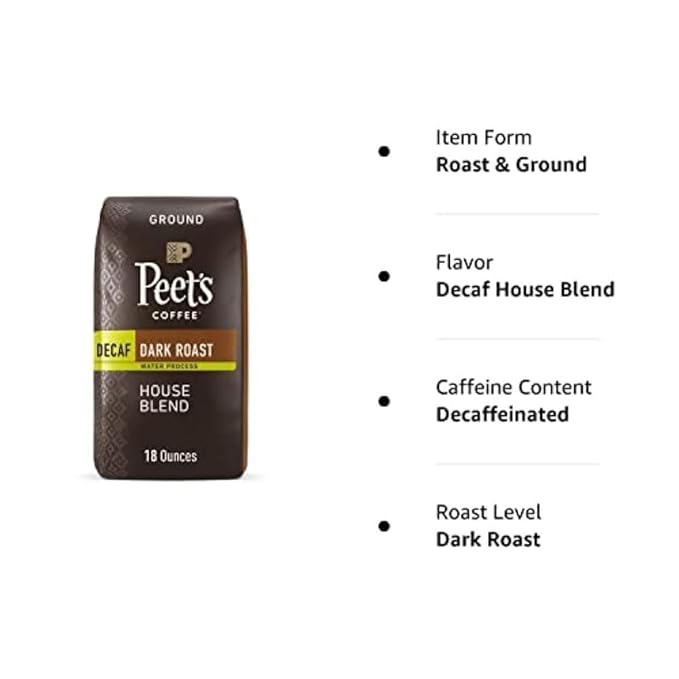 Peet's Coffee, Dark Roast Ground Coffee - Decaf House Blend 36 Ounces (2 Bags of 18 Ounces)