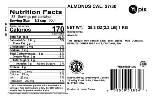 Yupik California Raw Almonds, Small Size, 2.2 lb, Gluten-Free, Kosher, Salt-Free, Source Of Protein, Fiber, Iron & Calcium, Healthy Snack, Pack of 1