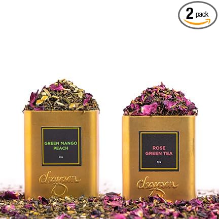 CHAYAM Mango,Peach & Rose Green Tea Tin Set | 50g Each | Refreshing Combo in Tin box | Fruity Mango tea and Floral Rose Green Loose Tea - Combo Tea Set