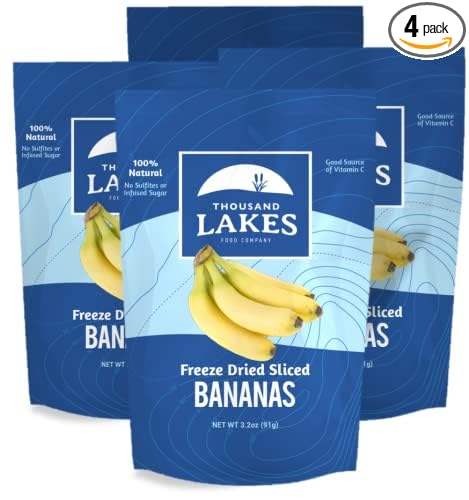 Thousand Lakes Freeze Dried Fruit - Sliced Bananas 4-pack 3.2 ounces (12.8 ounces total) | No Sugar Added | No Oils or Fat
