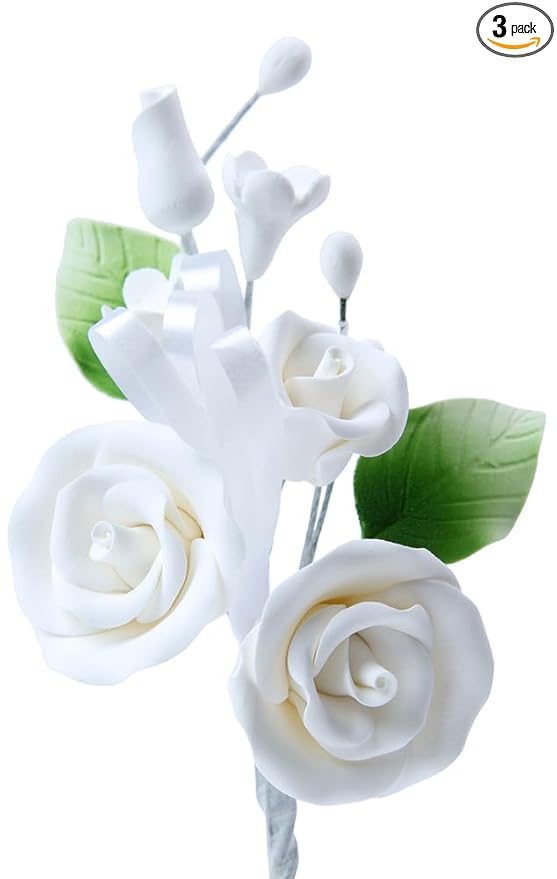 O'Creme Gumpaste Flower Spray, Mini White Rose 3x4 - Edible Flowers for Cake Decorating - Sugar Paste Flowers for Cakes, Candy, Cupcake Toppers - Birthday, Wedding, Valentines, Baby Shower - Set of 3