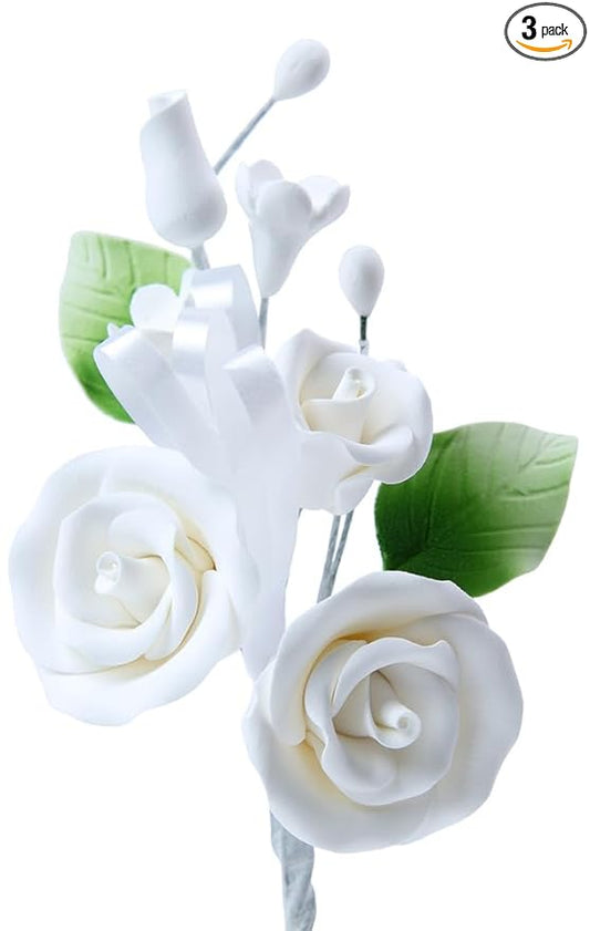 O'Creme Gumpaste Flower Spray, Mini White Rose 3x4 - Edible Flowers for Cake Decorating - Sugar Paste Flowers for Cakes, Candy, Cupcake Toppers - Birthday, Wedding, Valentines, Baby Shower - Set of 3
