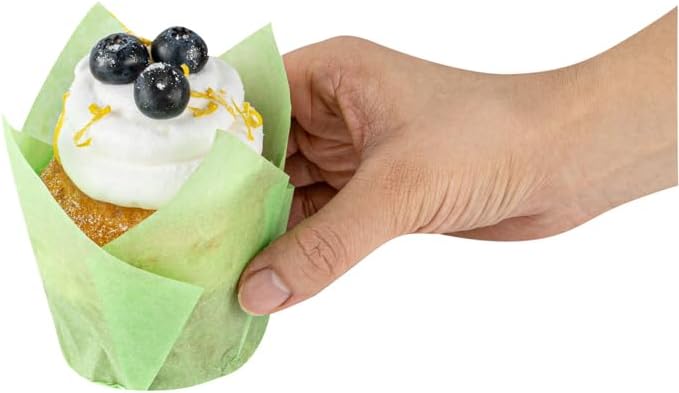 Restaurantware Panificio Premium 4 oz Green Paper Tulip Baking Cup: Paper Baking Cups Perfect for Muffins Cupcakes or Mini Snacks - Greaseproof - Disposable and Recyclable - 200ct Box
