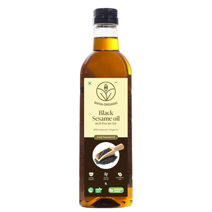 Shiva Organic Cold-Pressed Black Sesame Oil - 100% Natural, Certified Organic - 1L (33.8 fl oz) for Cooking, Dressings, and Health