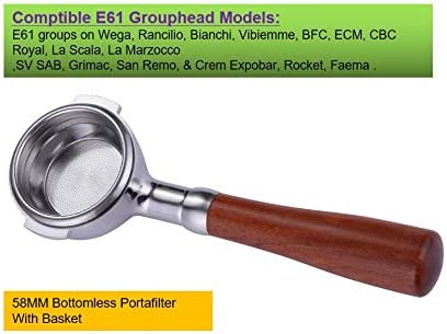 58mm Bottomless Portafilter Fits E61 Grouphead Espresso Machine Stainless Steel Naked Portafilter Along with Espresso Filter Basket Coffee Bottomless Handle-Wooden