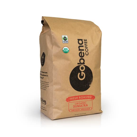 5lb Fair Trade Organic Certified Sumatra Whole Bean Coffee Dark Roast, 100% Arabica Specialty Coffee, 80 ounces, 5 pounds, Bulk