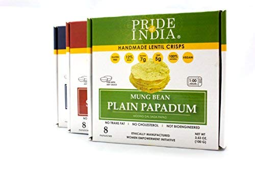 Pride Of India - Assorted Papadum Lentil Crisps - Plain, Salty & Spicy - Pack of 6 (2 Boxes per Flavor) - 6 * 3.53oz (100gm) per 10 Count Box - Party Perfect, Lentil Chips, Gluten-Free, Healthy Snack