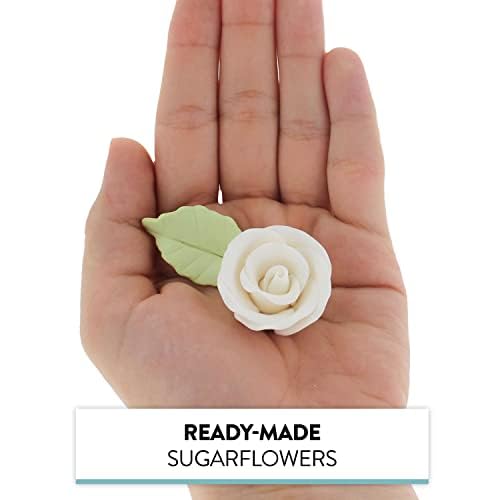 Global Sugar Art Premium Wedding Rose Edible Sugar Cake & Cupcake Flowers, Unwired White, 12 Count with Leaves by Chef Alan Tetreault