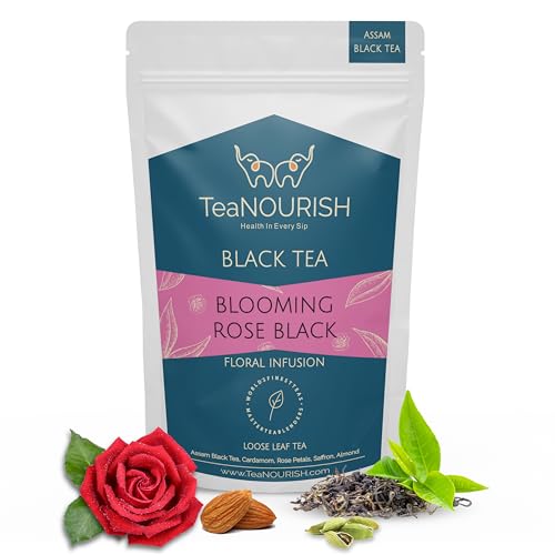 TeaNOURISH Blooming Rose Black Tea | Assam Loose Leaf Tea | Robust & Flavorful | Blended with Rose Petals, Cardamom, Saffron & Almond | 100% NATURAL INGREDIENTS - 3.53oz/100g