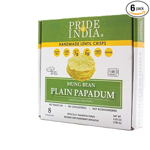 Pride Of India - Mung Bean Plain Papadum Lentil Crisp, Pack of 6-10 count (3.53oz - 100gm) - Protein Fiber & Iron Rich, Gluten-Free Vegan Lentil Crackers, Healthy Indian Appetizer, Ready in Seconds