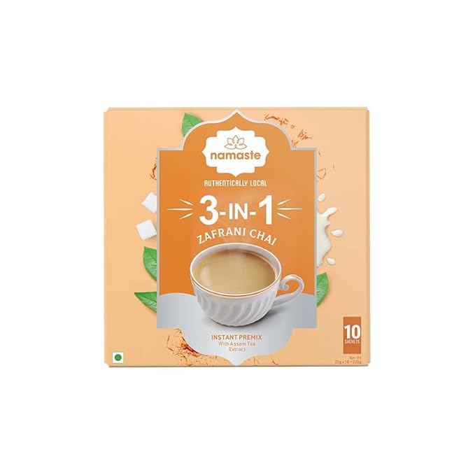 Namaste Chai Zafrani Saffron Tea Premix | Instant Saffron Tea Powder Sachets With Milk and Sugar | 22g x 10 Sachets