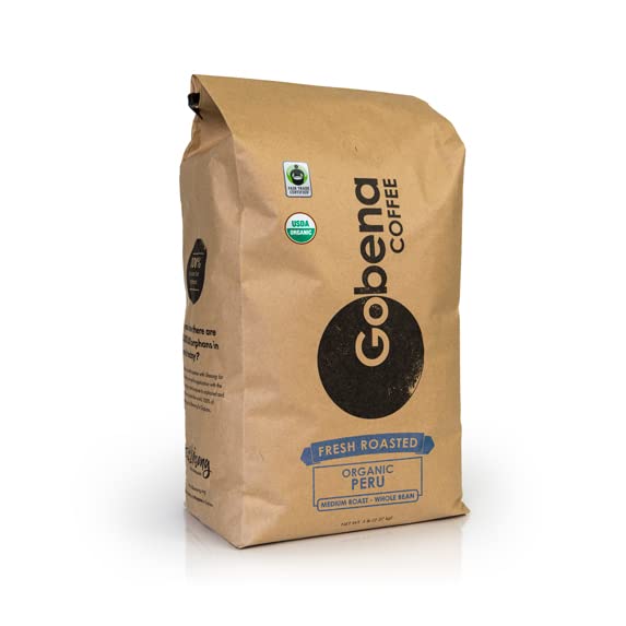 5lb Fair Trade Organic Certified Peruvian Whole Bean Fresh Roasted Specialty Coffee Medium Roast, 100% Arabica Coffee, 80 ounces, 5 pounds, Bulk Coffee