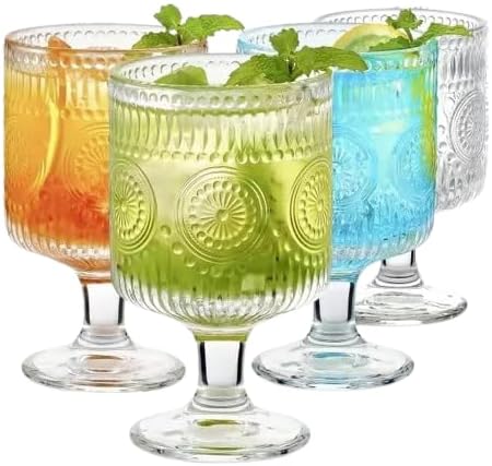 Vintage Goblet Glasses Set of 4, 8oz Embossed Floral Wine Glasses, Clear Glass Cups for Tea, Wine, Beer, or Cocktails (Set of 4)