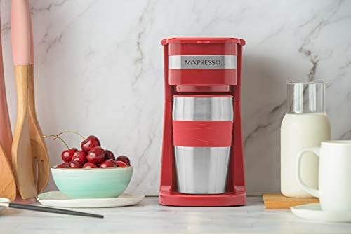 Mixpresso Red Personal Single Serve Coffee Maker with 14oz Travel Mug, Drip Small Coffee Maker with Auto Shut Off, Reusable Filter, Works with Ground Coffee Only ??Not for K-Cup Pods