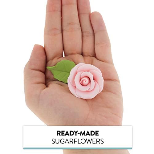 Global Sugar Art Premium Wedding Rose Edible Sugar Cake & Cupcake Flowers, Pink, 12 Count with Leaves by Chef Alan Tetreault