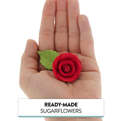 Global Sugar Art Premium Wedding Rose Edible Sugar Cake & Cupcake Flowers, Unwired Red, 12 Count with Leaves by Chef Alan Tetreault