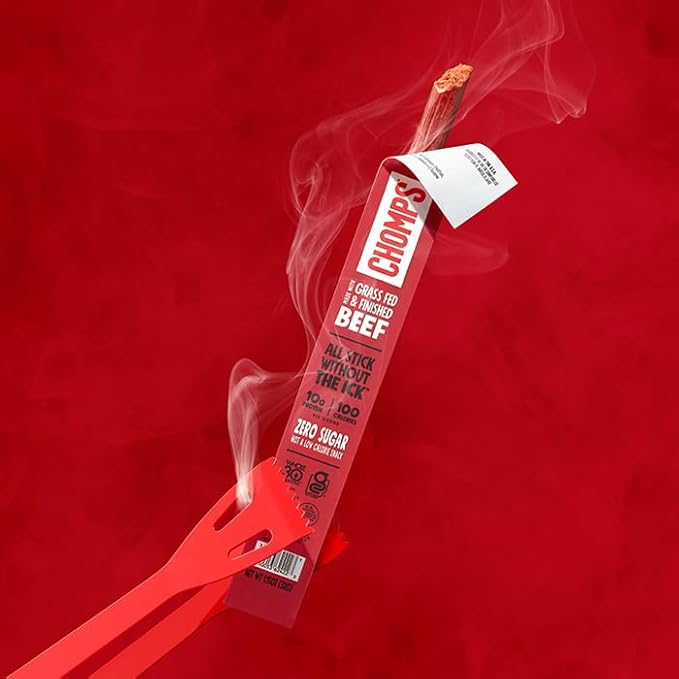 Chomps Grass-Fed and Finished Smoky BBQ Beef Jerky Snack Sticks 10-Pack - Keto, Paleo, Whole30, 10g Lean Meat Protein, Gluten-Free, Zero Sugar Food, Non-GMO