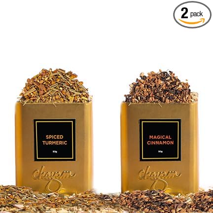 CHAYAM Cinnamon Tea & Spice Turmeric Tea, Combo Pack | 50g/1.77 oz Each | Cinnamon with Orange, Clove, Star Anise | Turmeric with Black Pepper, Ginger, Bergamot | 100% Natural, No Sugar