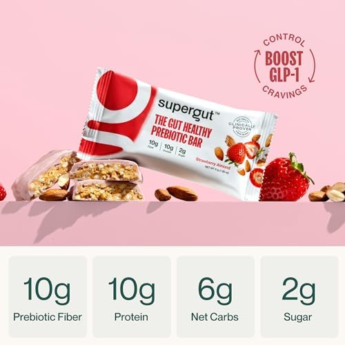 Supergut GLP-1 Boosting Prebiotic Bars, Strawberry Almond - Gut Healthy Protein Snacks & Breakfast Bars - Keto-Friendly Meal Replacement Energy Bars for Gut Health (2 Pack - 20 Count)