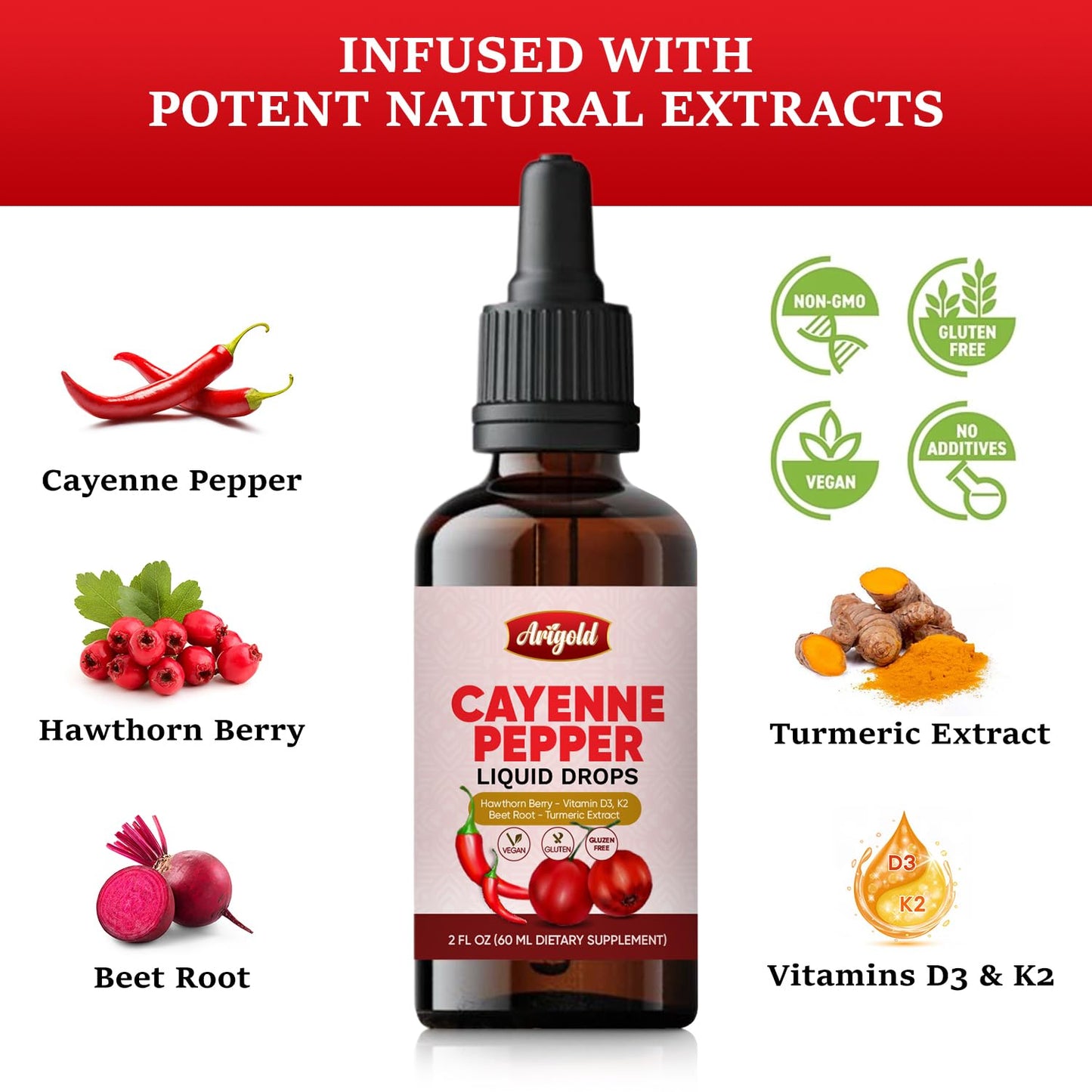 Arigold Cayenne Pepper Drops – Circulation & Energy Support Liquid Supplement with Hawthorn Berry, Beet Root, Turmeric, Vitamins D3 + K2, Ceylon Cinnamon, Berberine & Ginseng – Vegan, Non-GMO, 2 fl oz