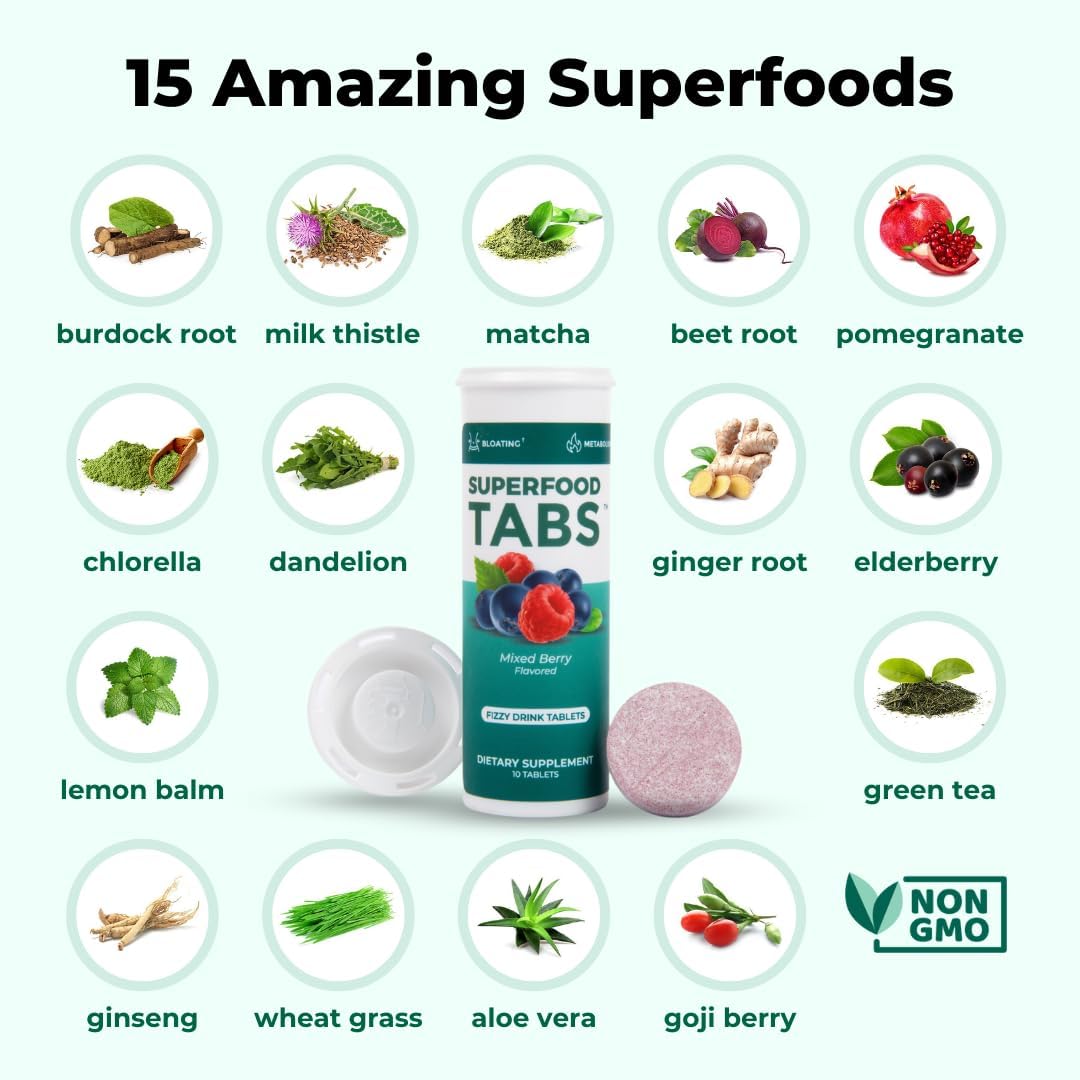 Superfood Tabs Detox Cleanse Drink - Fizzy Nutrition Supplement for Women and Men - Support Healthy Weight - Improve Digestive Health and Bloating Relief - Mixed Berry Flavor [10 Tablets]