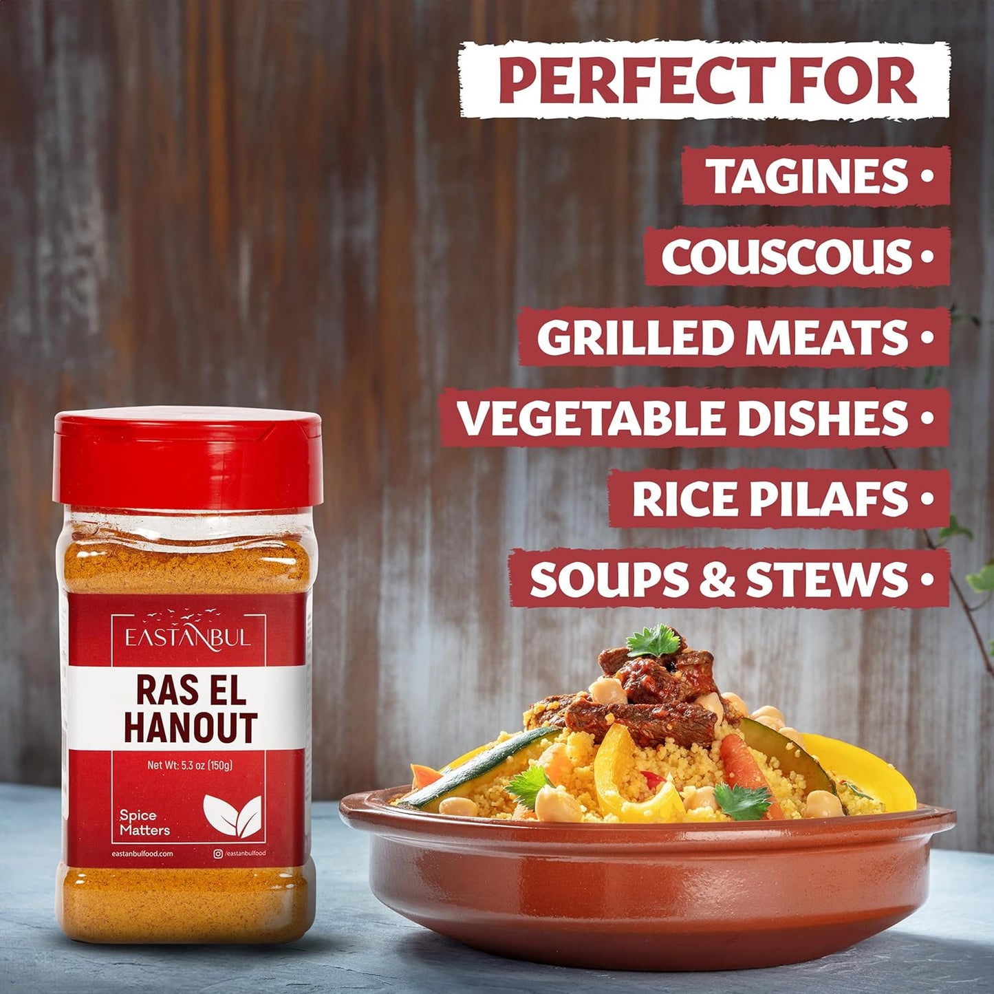 Eastanbul Ras El Hanout Spice, 5.3oz, Meat Seasoning, All-in-One Ras El Hanout Moroccan Spice Blend, North African Baharat Blend, Farm Fresh International Seasonings, Low Sodium, No MSG, No Filler
