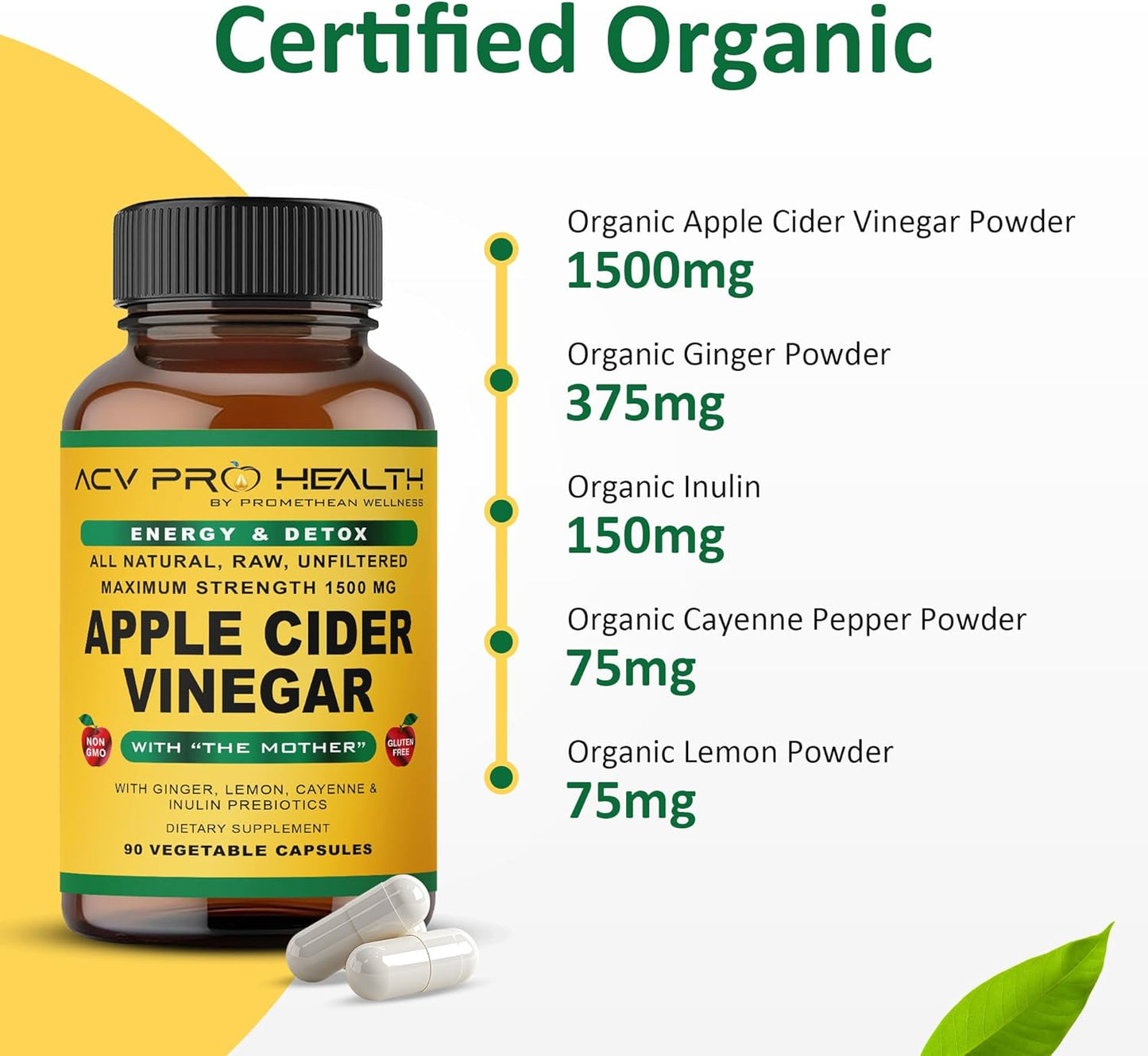 ACV Pro Apple Cider Vinegar Capsules Certified Organic with Mother ACV Pills Detox Cleanse Acid Reflux Relief Support Supplement Ginger Root Cayenne Pepper Powder