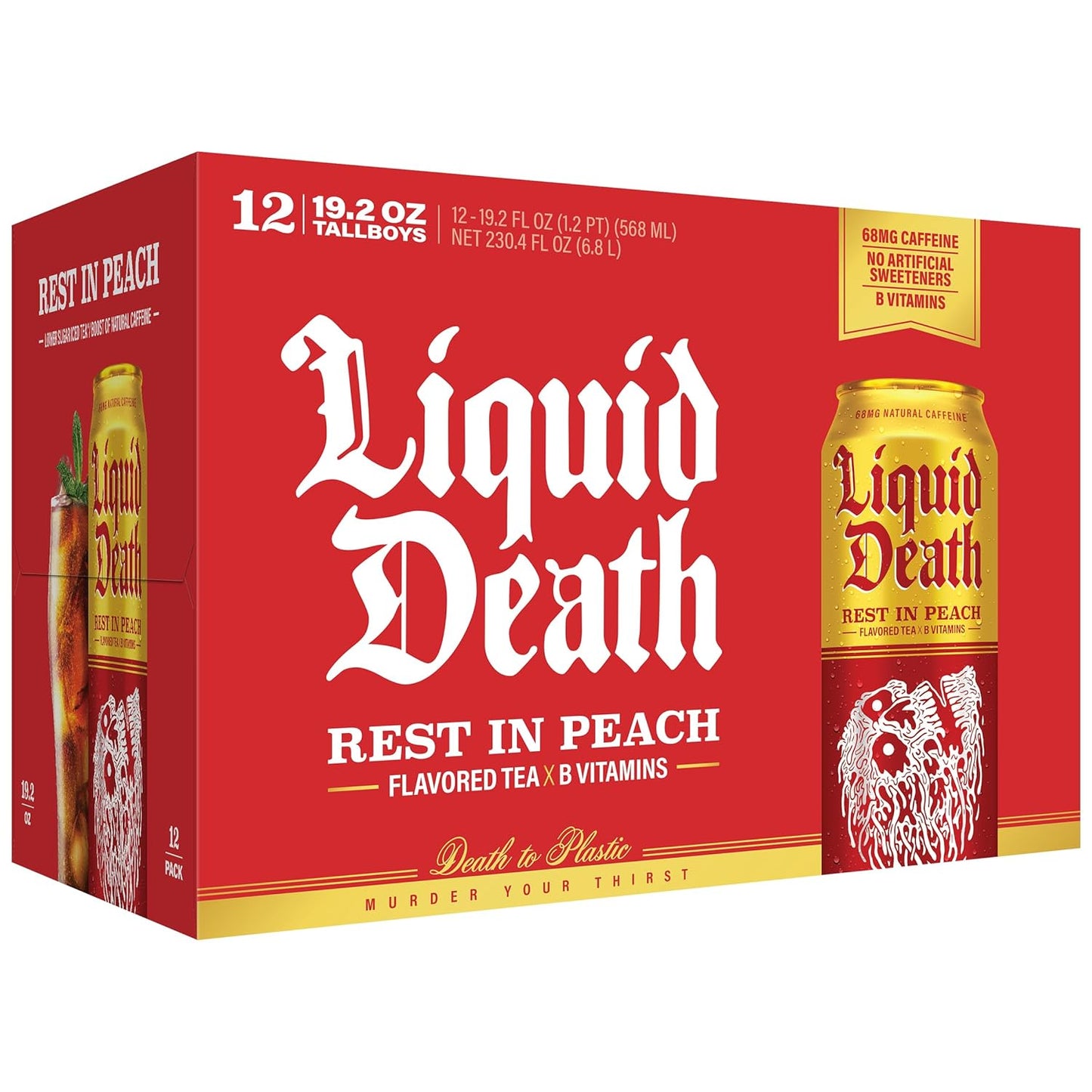 Liquid Death Iced Tea - Rest In Peach (Peach-Flavored Black Tea), Less Sugar, Boost of Caffeine, B Vitamins, No Artificial Sweeteners, King Size 19.2 Fl Oz (Pack of 12)