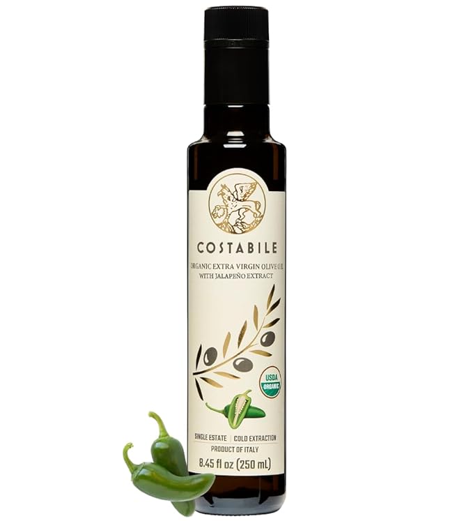 Jalapeño Olive Oil. Spicy, Flavorful, Hot Extra Virgin Olive Oil Infused with Organic Jalapeño. Ideal hot dressing for Pizza, Cooking & Popcorn - COSTABILE 8.45 Fl. OZ.