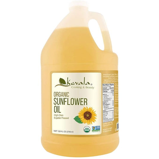 Kevala Organic Sunflower Oil - Oil Rich in Vitamin E for Cooking and Body Care, Great Ingredient for a Salad Dressing with no Cholesterol, Kitchen Pantry Staple for your Home, 128 fl oz, 1 gal