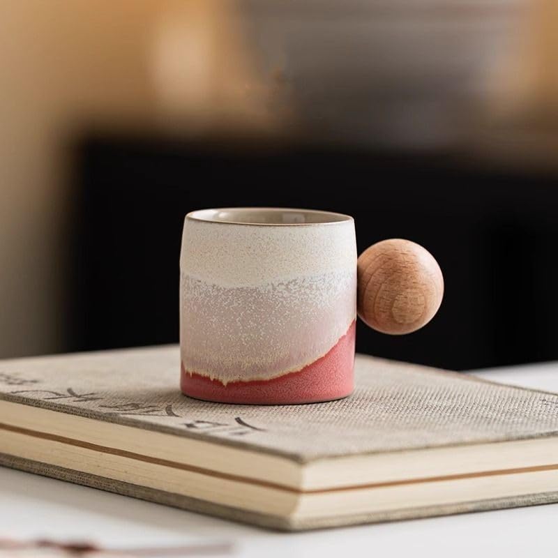 ZPGXLRZ 2.4oz Ceramic Espresso Cups Set of 4, Small Coffee Cups with Wooden Handle, Gradient Color