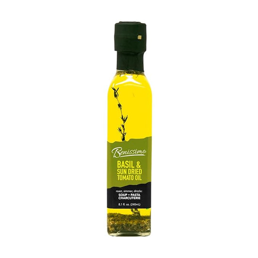 Benissimo Basil and Sun Dried Tomato Herb Infused Oil, All Natural Gourmet Cooking Oil with Garden-Fresh Herbs, Ideal for Dipping, Sautéing, Drizzling, 8.1 fl oz