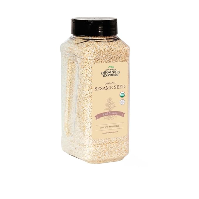 HQOExpress | Organic White Sesame Seed | Raw Sesame Seeds for Cooking and Food Seasoning - Semillas de Ajonjoli - Non-GMO, Vegan & Certified Kosher - 18 oz. Chef Jar