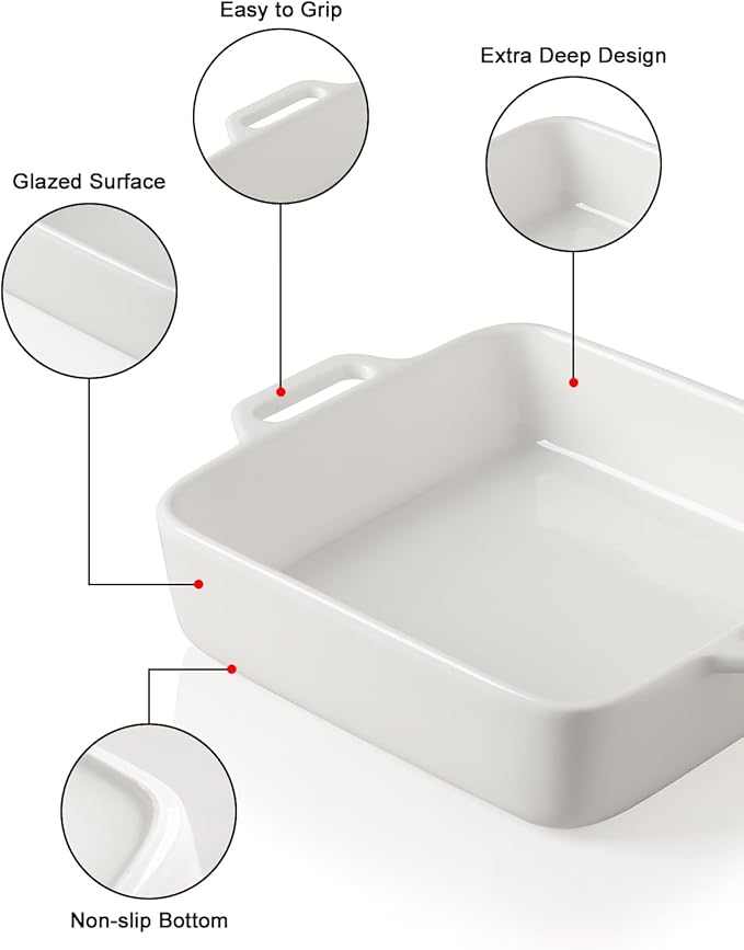 Sweejar 8x8 Baking Pan,Ceramic Casserole Dishes for Oven with Double Handlesï¼? QT Square Cake Baking Dish for Brownie,Lasagna,Casseroles,Family Dinner(White)