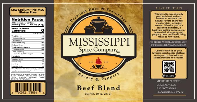Mississippi Spice Company Premium Rubs and Seasonings, Beef, Savory & Peppery, 10 oz