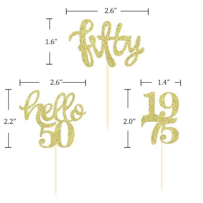 24 Pcs Gold Glitter 50th Birthday Cupcake Toppers for 50th Birthday Celebrating Party Decorations