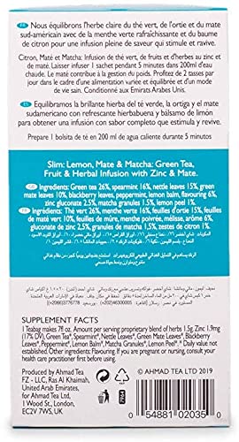 Ahmad Tea Green Tea, Lemon, Mate, & Matcha 'Slim' Natural Benefits Teabags, 20 ct (Pack of 1) - Caffeinated & Sugar-Free