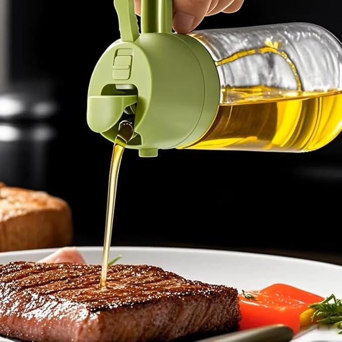 Oil Sprayer for Cooking 2 in 1, 470ml/16oz, Oil Spray & Dispenser Glass Bottle, Food-grade material for Kitchen, Salad Dressing, Frying, Air Fryer & BBQ (Green)