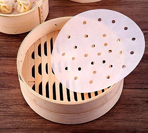 200pcs Air Fryer Liners, 6 inches Bamboo Steamer Liners, Premium Perforated Parchment Steaming Papers, Non-stick Steamer Mat Liner for Air Fryers Baking Cooking Oven