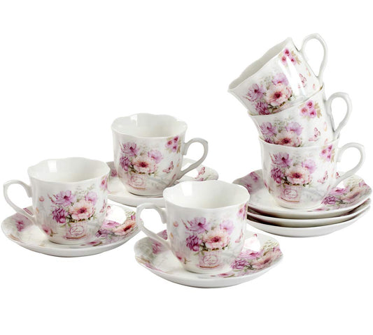 GuangYang 2.5 oz Porcelain Espresso Cups and Saucers Set – Floral Design, Purple Pattern