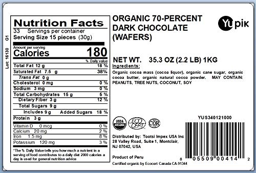 Yupik Organic Dark Chocolate Wafers, 70% Cacao, 2.2 lb (35.2 oz), Vegan, Gluten-Free, GMO-Free, Kosher, Dairy-Free, Rich Dark Chocolate, Melts Smoothly, Ideal for Snacking, Baking, Coating & Topping