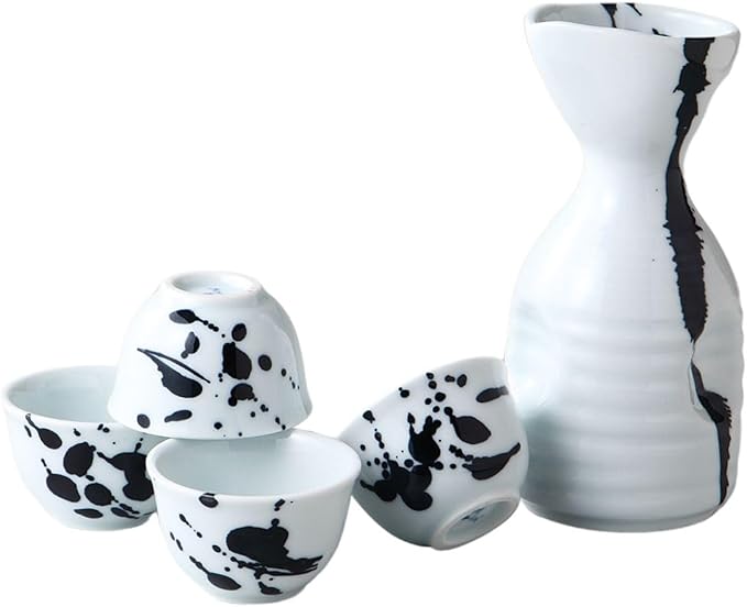 Arita Ceramic Sake Set [Made in Japan/Brush Stroke]: 1 Sake Carafe and 4 Sake Cups in Gift Box