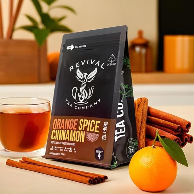 Revival Tea Company Orange Spice Black Tea Bags ??Cinnamon Orange Tea Blend with Real Citrus Peel ??Caffeinated Herbal-Infused Tea for Energy & Immune Support ??Bold Spiced Flavor (24 Count)