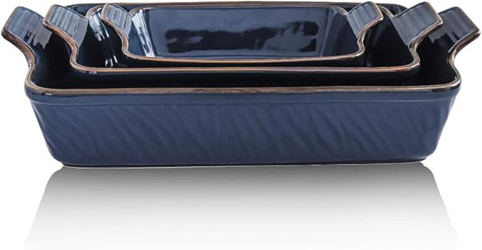KOOV Bakeware Set, Ceramic Baking Dish, Rectangular Lasagna Pans for Cooking, Cake Dinner, Kitchen, 9 x 13 Inches, Texture Series 3-Piece (3 Piece, Aegean)