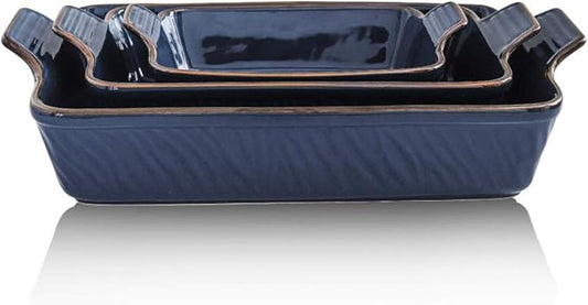 KOOV Bakeware Set, Ceramic Baking Dish, Rectangular Lasagna Pans for Cooking, Cake Dinner, Kitchen, 9 x 13 Inches, Texture Series 3-Piece (3 Piece, Aegean)