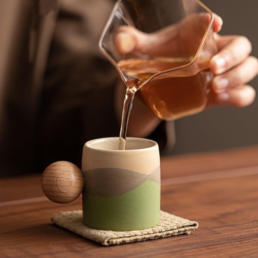 ZPGXLRZ 2.4oz Ceramic Espresso Cups Set of 4, Small Coffee Cups with Wooden Handle, Gradient Color