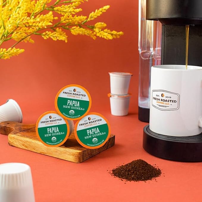 Fresh Roasted Coffee, Organic Papua New Guinea | USDA Organic, 100% Single Origin, Kosher | Medium Roast 72 Pods for K Cup Brewers
